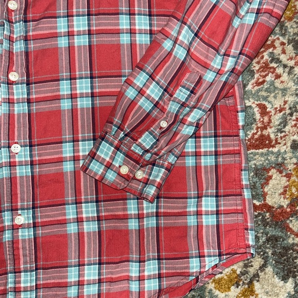 LL bean button up long sleeve shirt size L pink and blue plaid flannel - Picture 2 of 6